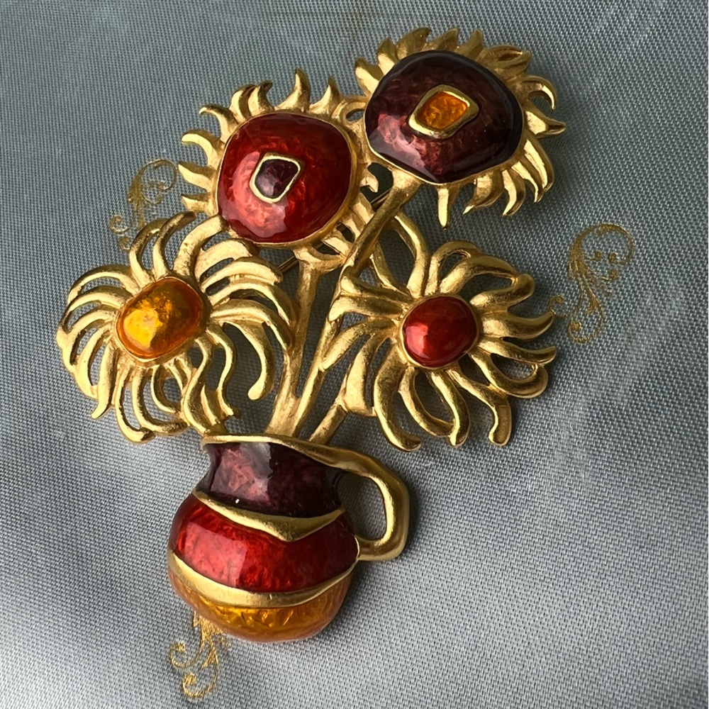 Vintage Avon Floral Vase Brooch, Gold Tone Red & Amber Cabochons, 1960s–70s